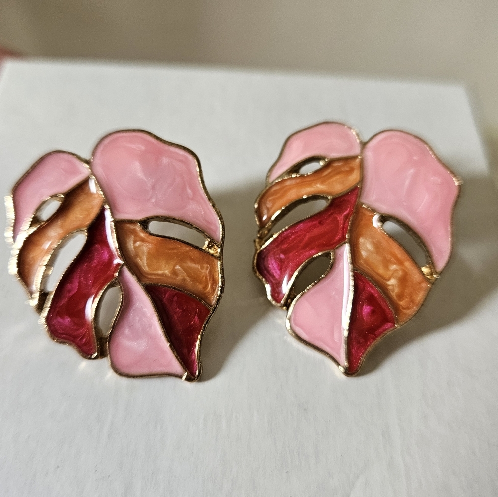 Monstera Leaf Earrings, Pink, Orange, Red Enamel